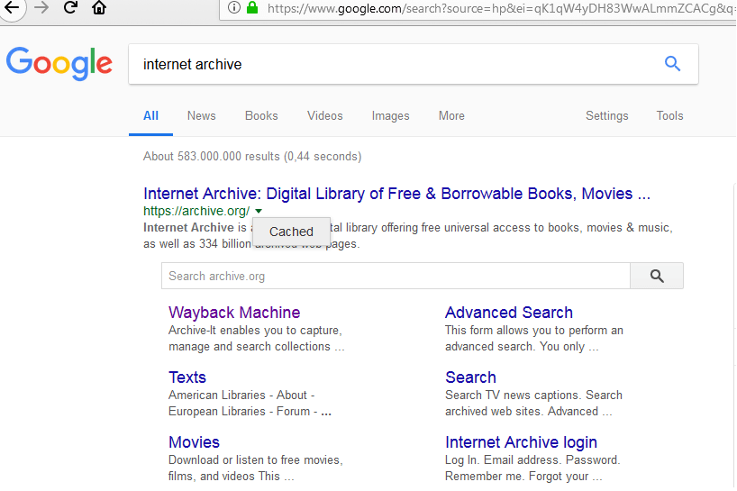 Google-Suchergebnis für „internet archive“ mit der URL archive.org