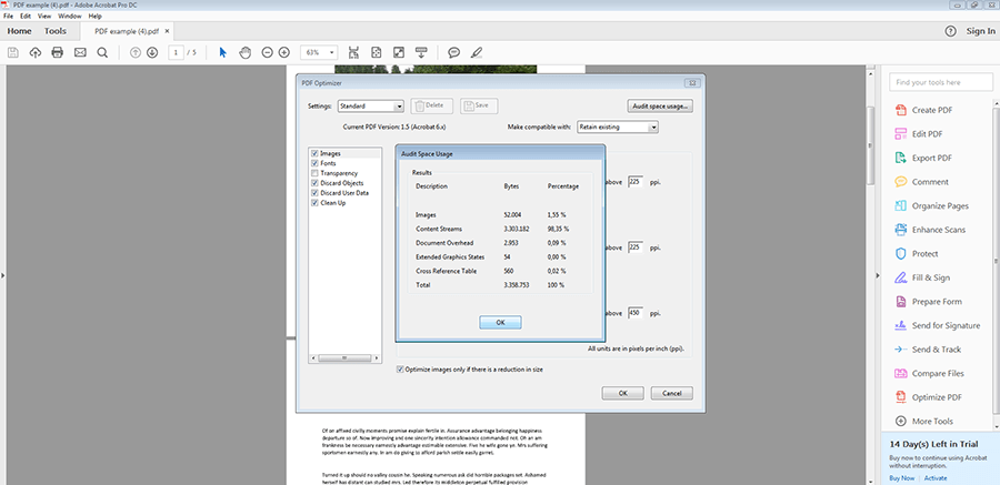 Adobe-Acrobat-Pro-DC-Fenster „Speichernutzung überprüfen“