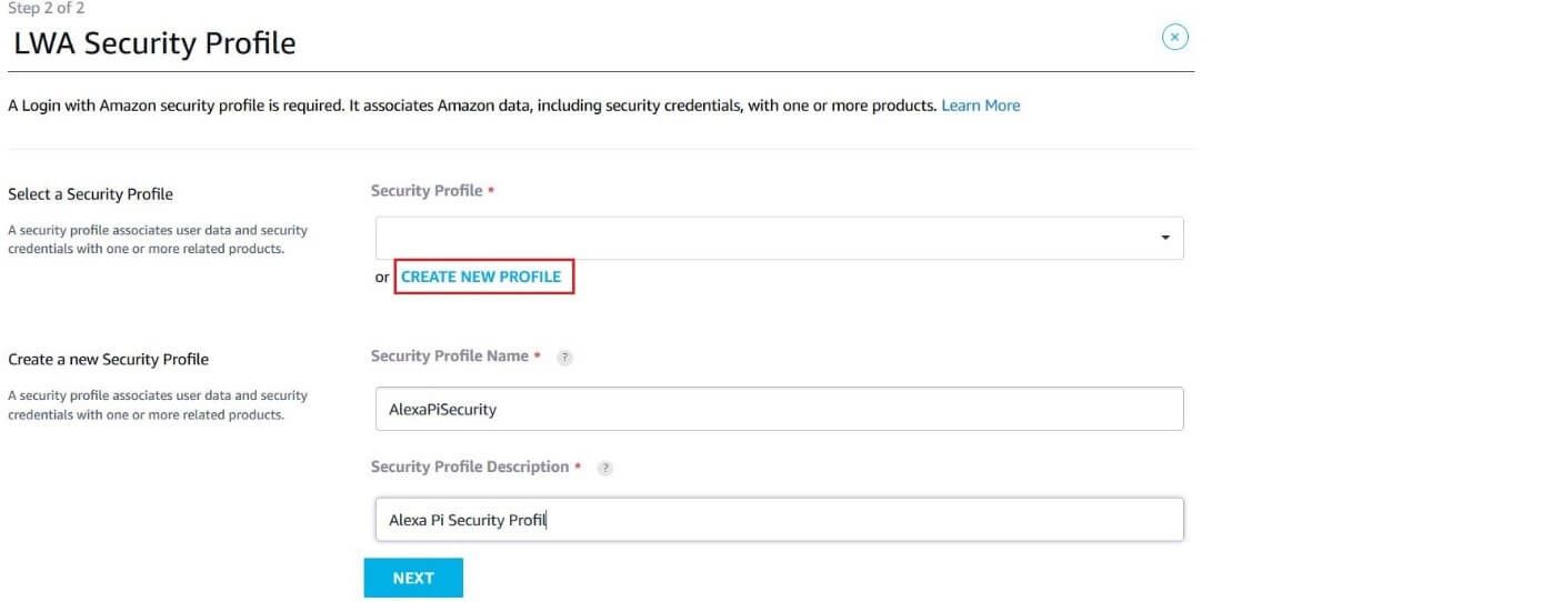 Amazon-Developer-Menü „LWA Security Profile“