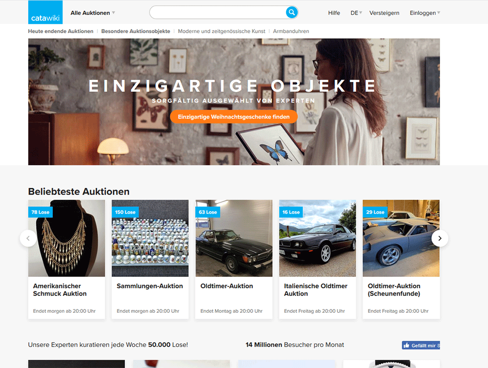Screenshot der Startseite von Catawiki.de