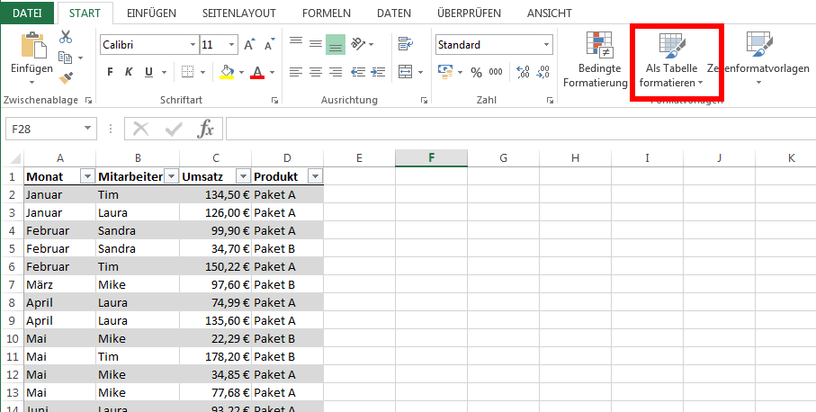 Datensatz in Excel als Tabelle formatiert