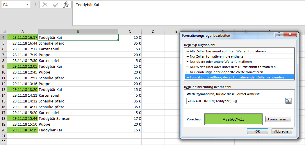 Bedingte Formatierung in Excel mit FINDEN-Funktion