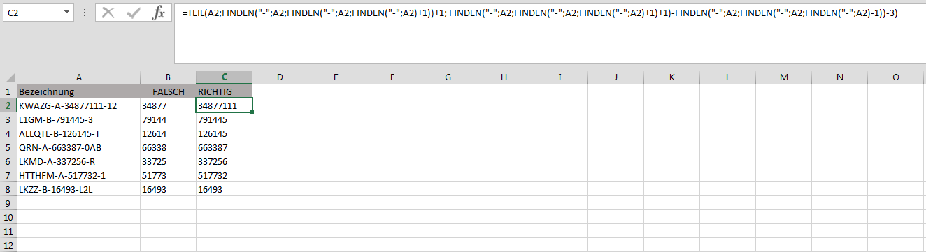 Tabelle in Excel mit FINDEN- und TEIL-Funktion