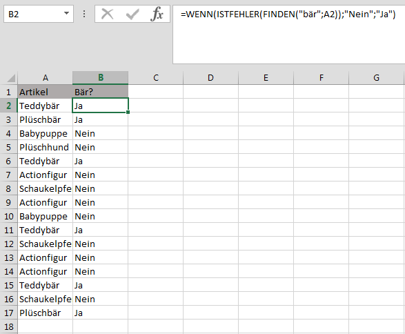 Tabelle in Excel mit FINDEN-Funktion und WENN-Funktion