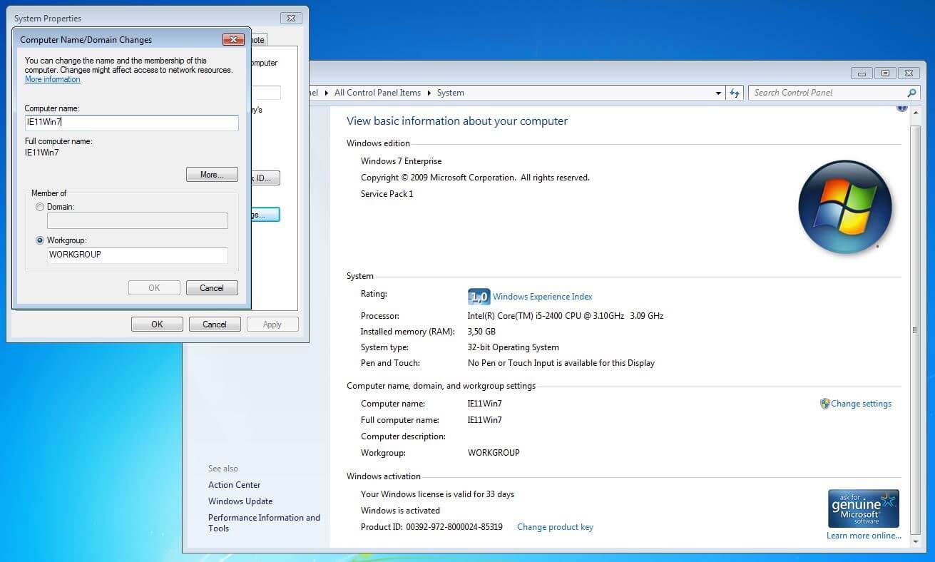 Hostname-Änderung in Windows 7 über das System-Menü