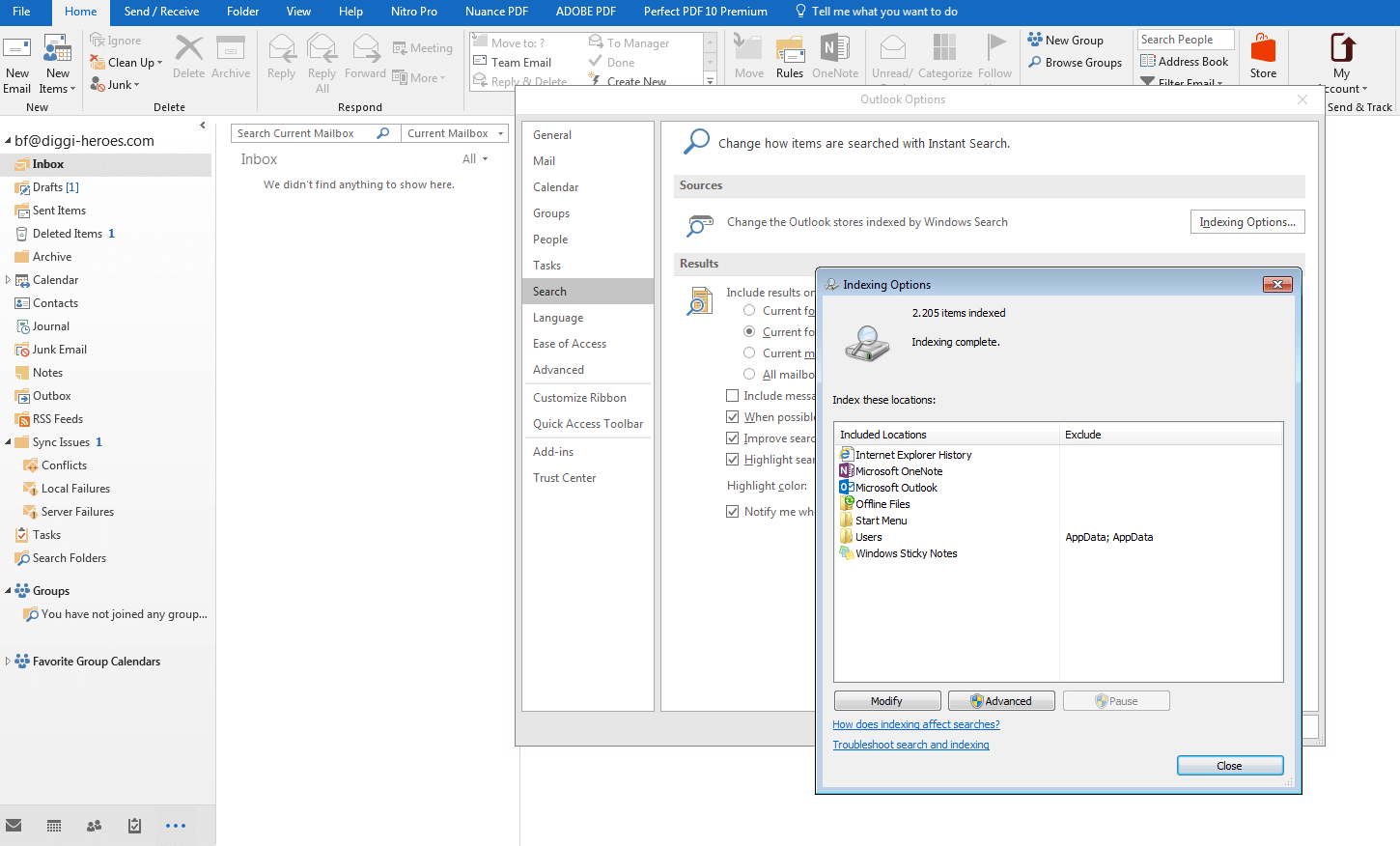 Indizierungsoptionen von Outlook überprüfen