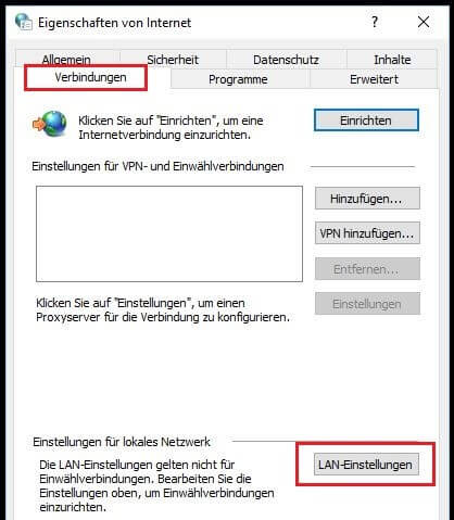 Menüpunkt „Verbindungen“ in den Windows-10-Internetoptionen