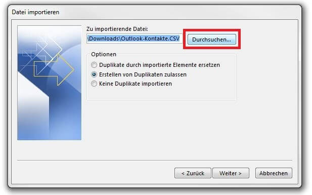 Outlook 2013: Menü „Datei importieren“