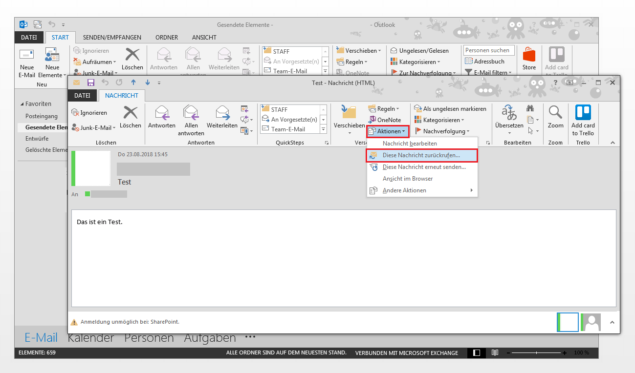 Outlook 2013 unter Windows 7: Die Funktion „Diese Nachricht zurückrufen…“