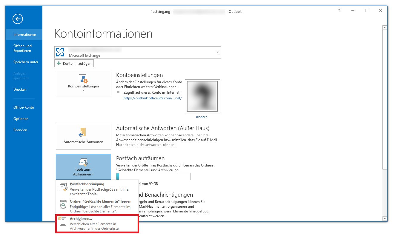 Microsoft Outlook 2016: Registerkarte „Datei“, Schaltfläche „Tools zum Aufräumen“