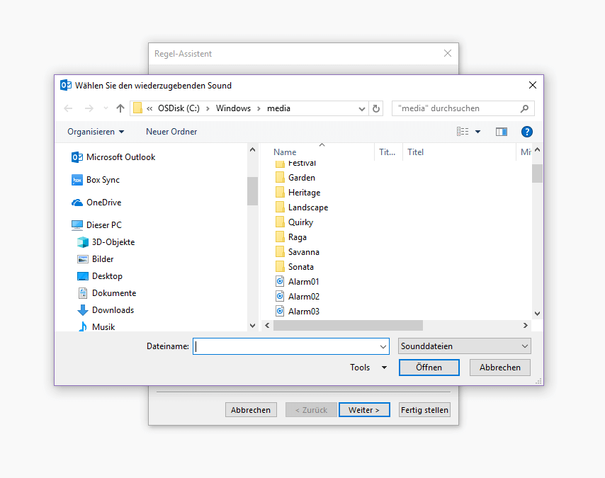 Outlook Regel-Assistent: Auswahl der Sound-Datei