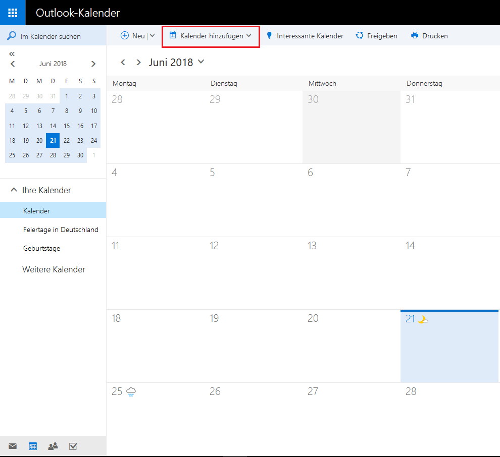 Outlook-Web-App: Kalender hinzufügen