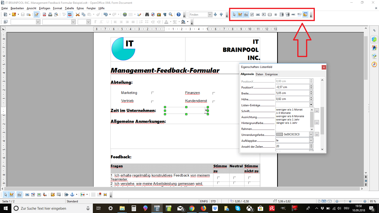 Beispiel für ein Management-Feedback-Formular im Entwurfsmodus von OpenOffice Writer