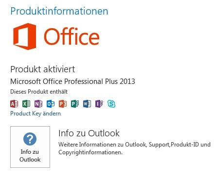 Screenshot der Produktinformations-Übersicht von Microsoft Office