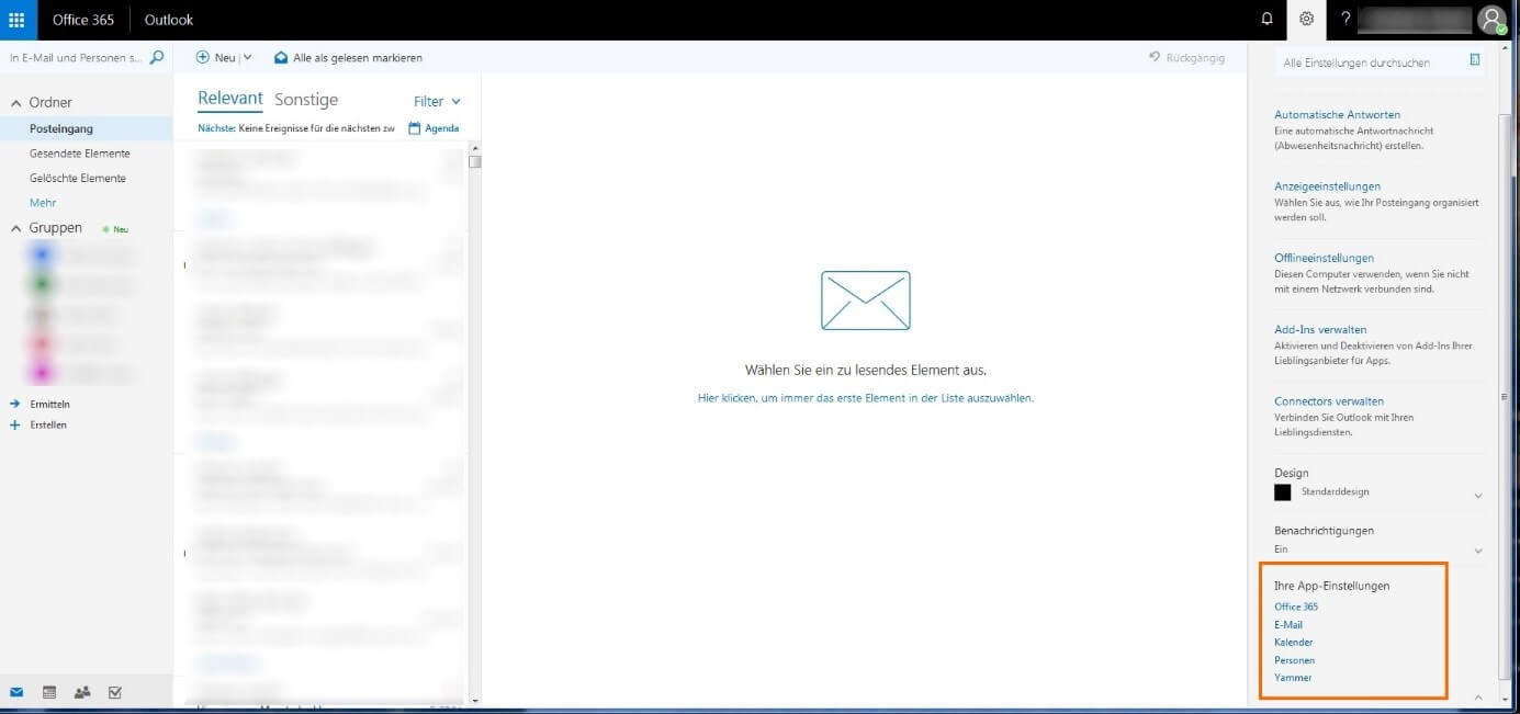 Screenshot des Einstellungen-Drop-down-Menüs der Microsoft Outlook Web-App