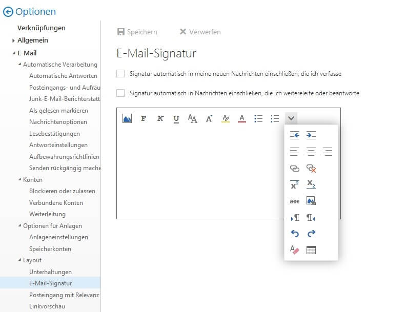 Screenshot des E-Mail-Signatur-Editors in der Outlook Web-App