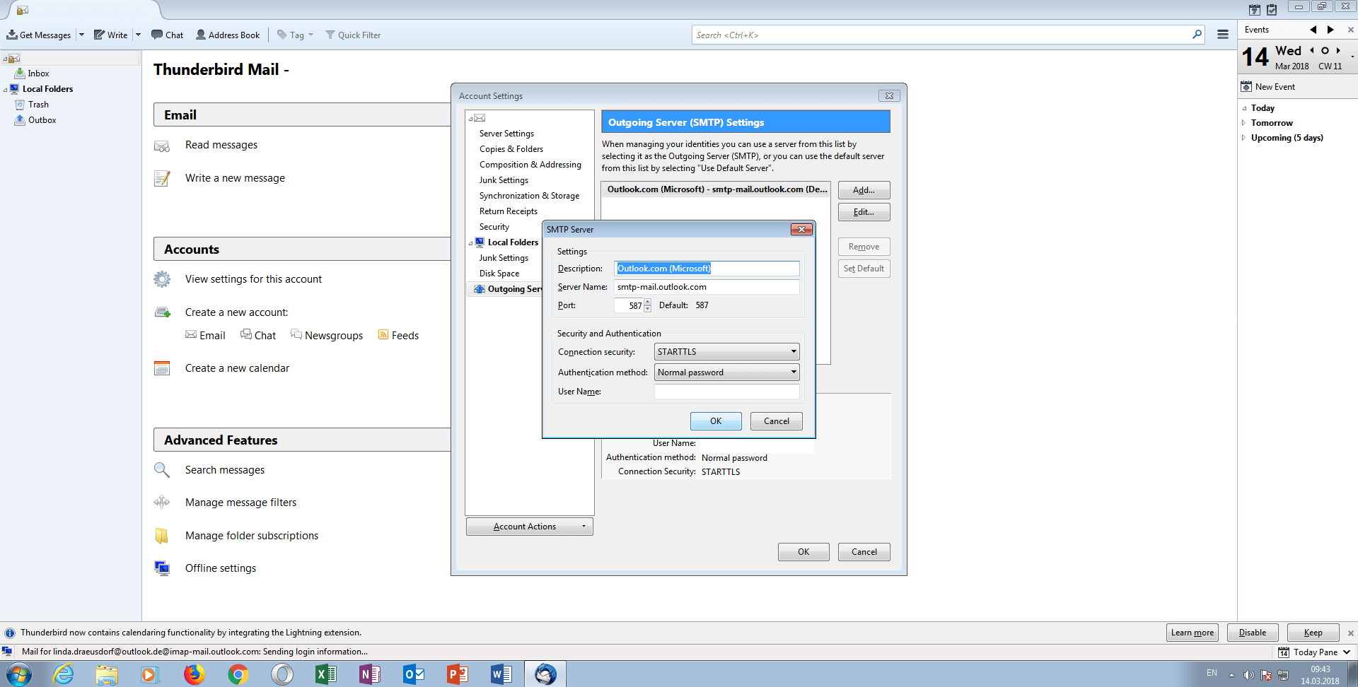 Fenster „SMTP-Server“ in Mozilla Thunderbird