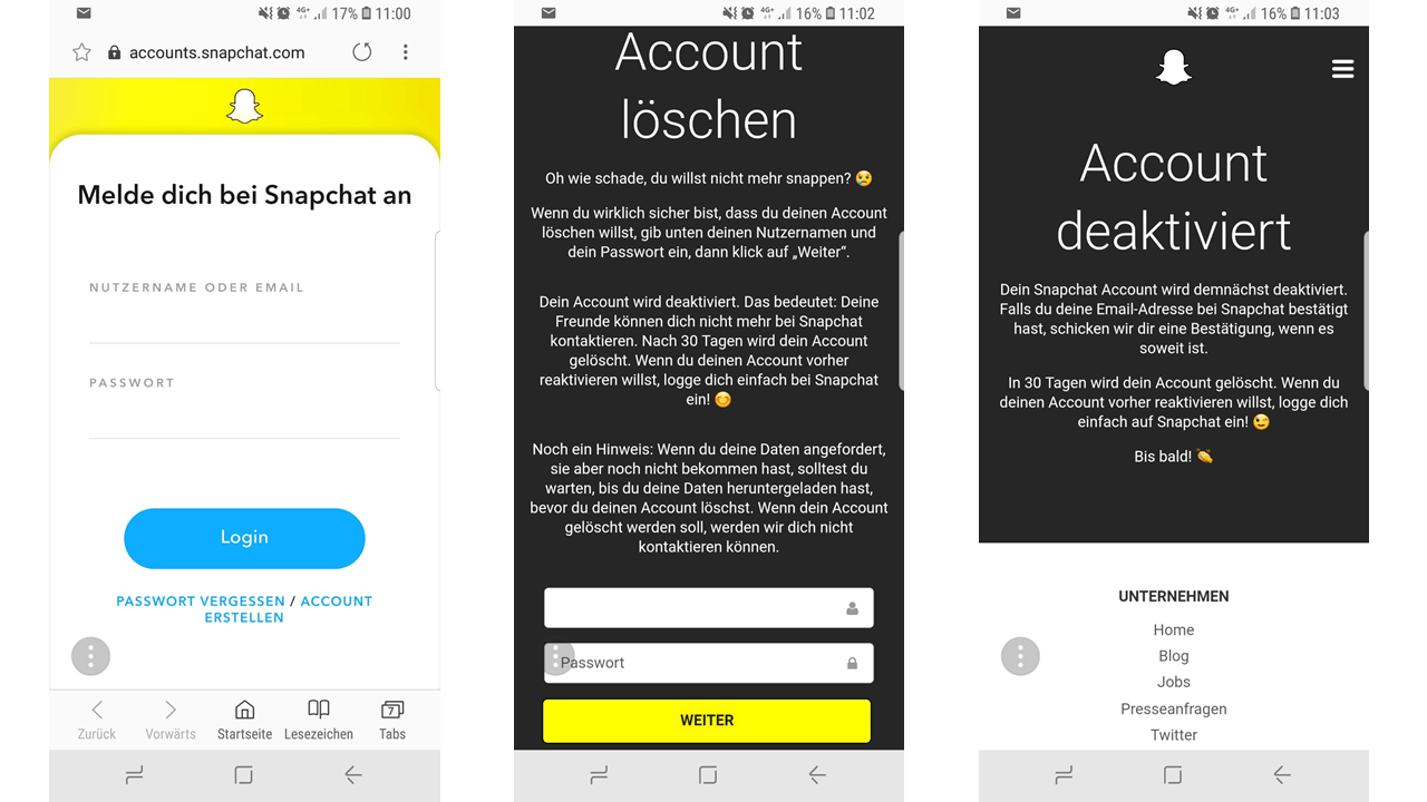 Fenster zu Snapchat-Account-Löschen via URL