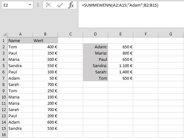 Tabelle in Excel mit SUMMEWENN und einem Text als Kriterium