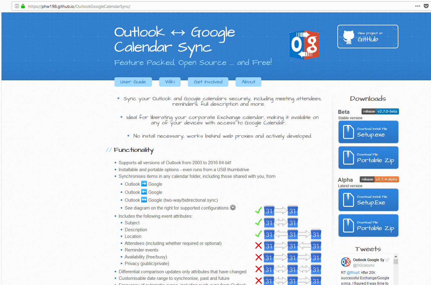 Website des Synchronisierungstools Outlook Google Calendar Sync