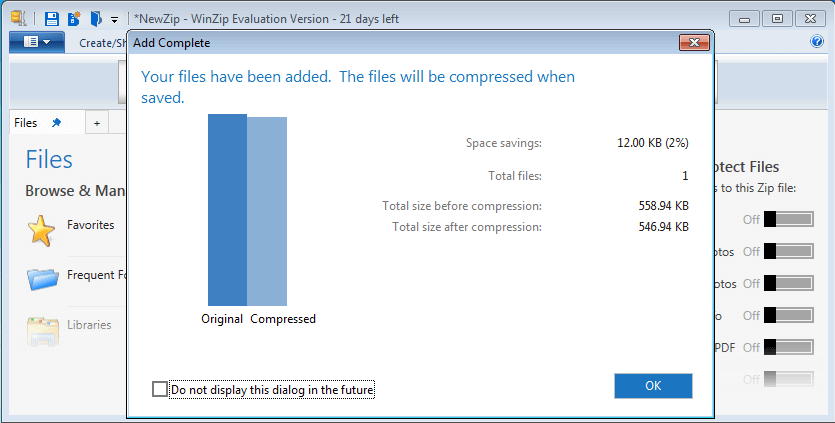 WinZip-Fenster, das die Dateigröße vor und nach der Kompression darstellt