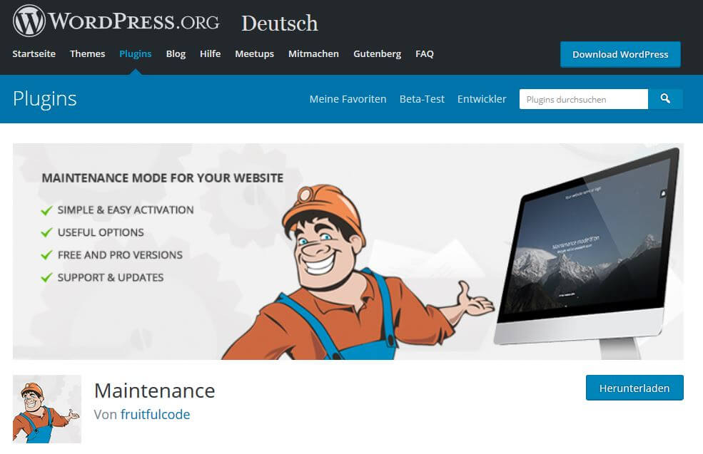 Downloadseite des WordPress-Plug-ins Maintenance
