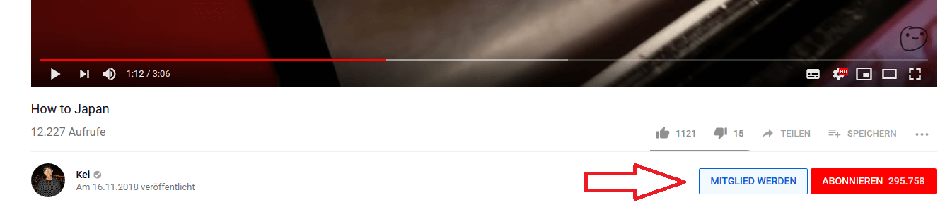 „Mitglied werden“-Button In der deutschen Version von YouTube