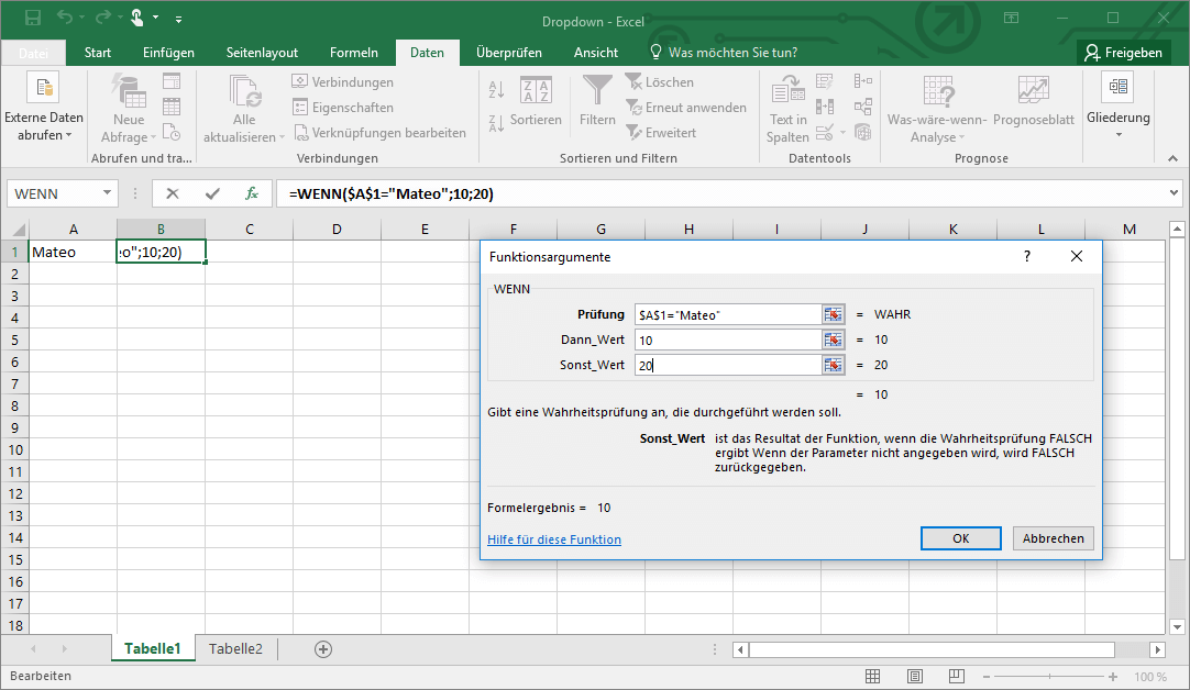 WENN-Funktion in Excel mit Auswahlliste
