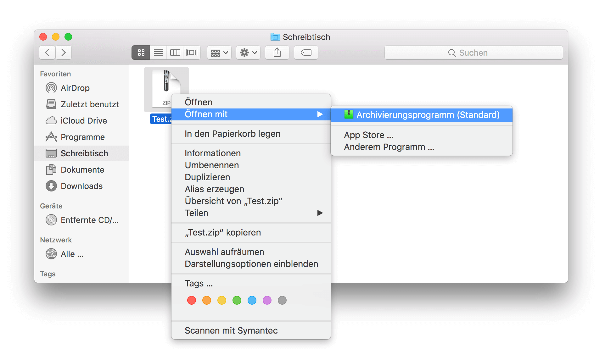 Kontextmenü des macOS-Dateimanagers