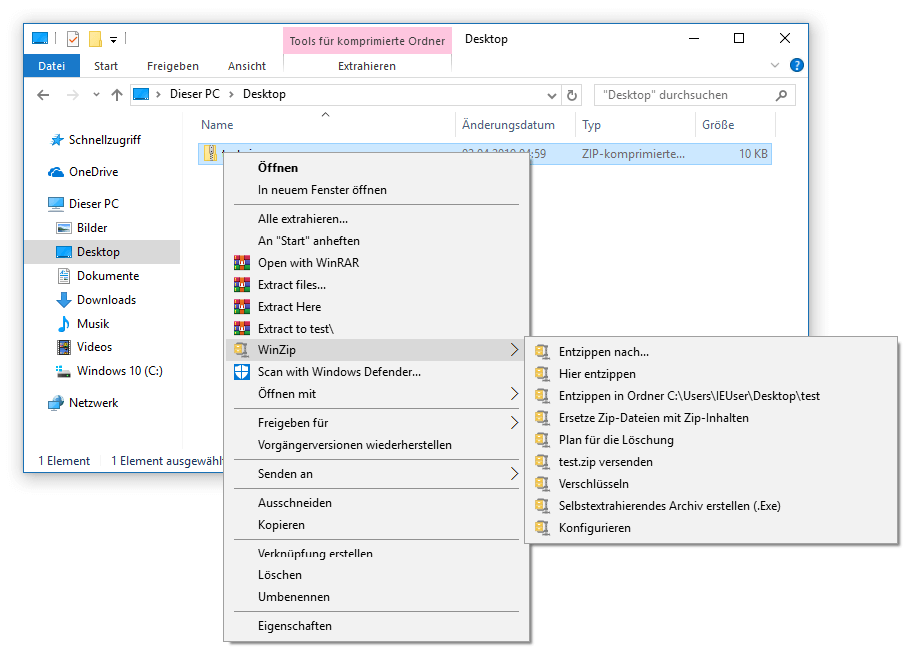 WinZIP-Integration im Kontextmenü des Windows-Dateimanagers
