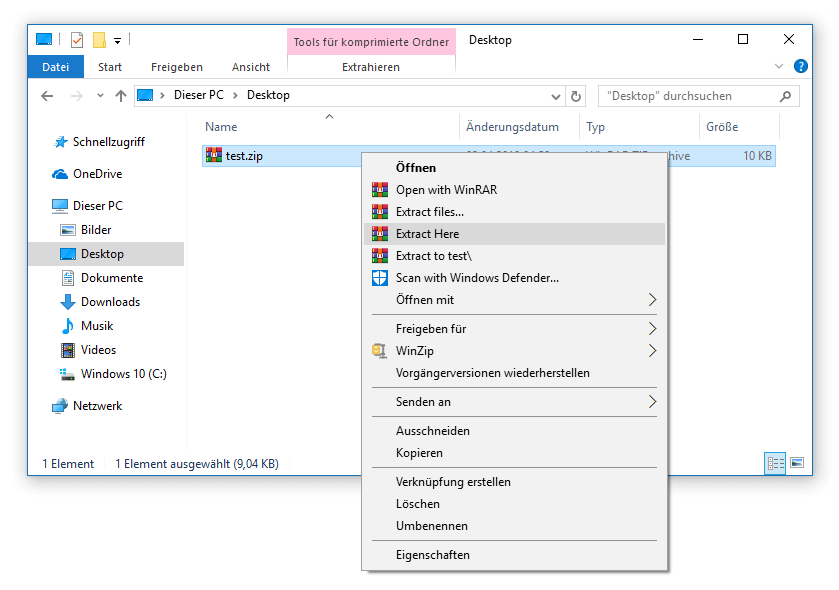 WinRAR-Integration im Kontextmenü des Windows-Dateimanagers