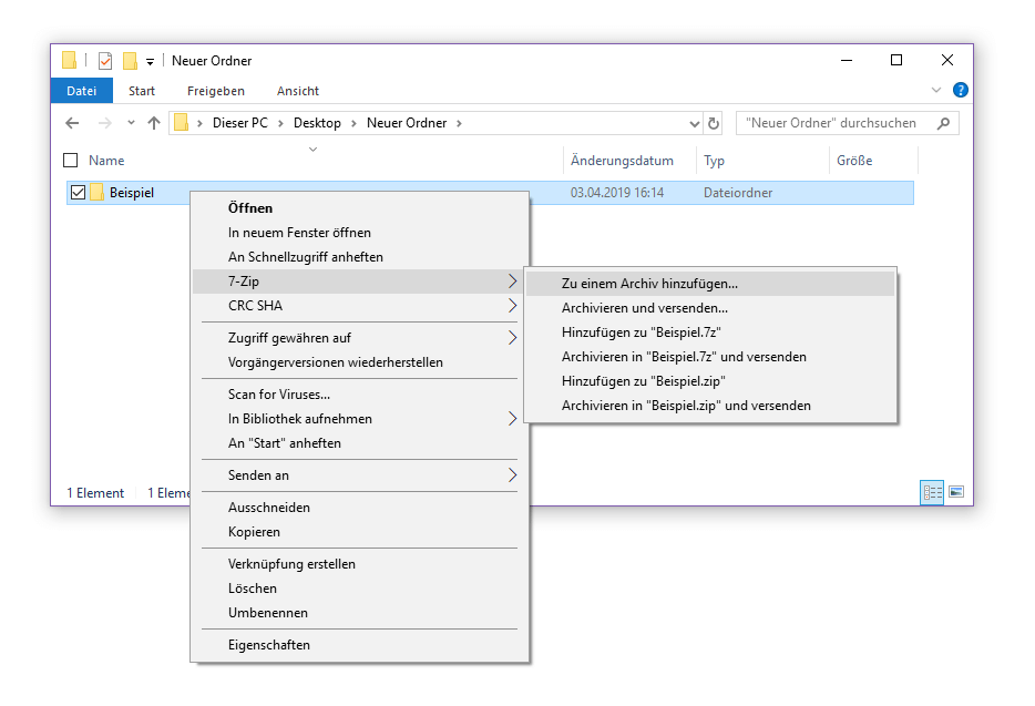 Das Packprogramm 7-Zip im Kontextmenü des Windows Explorers