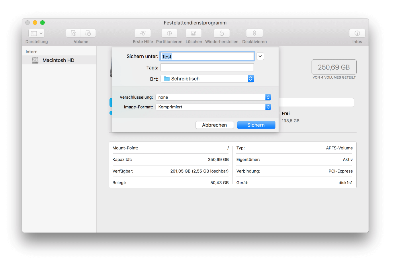 macOS-Festplattendienstprogramm: Dateiname und Speicherort