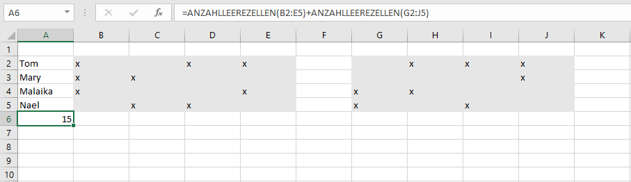 Addition von zwei ANZAHLLEEREZELLEN-Funktionen