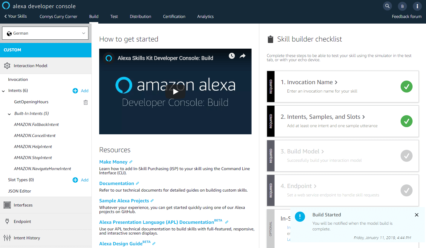 Alexa-Developer-Konsole: Übersichtsseite im Bereich „Build“
