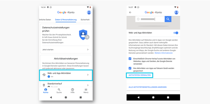 Android: Google-Einstellungen „Daten & Personalisierung“