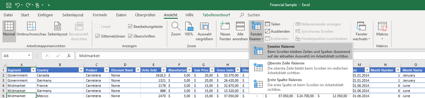 Ansicht-Menüband in Excel 2016