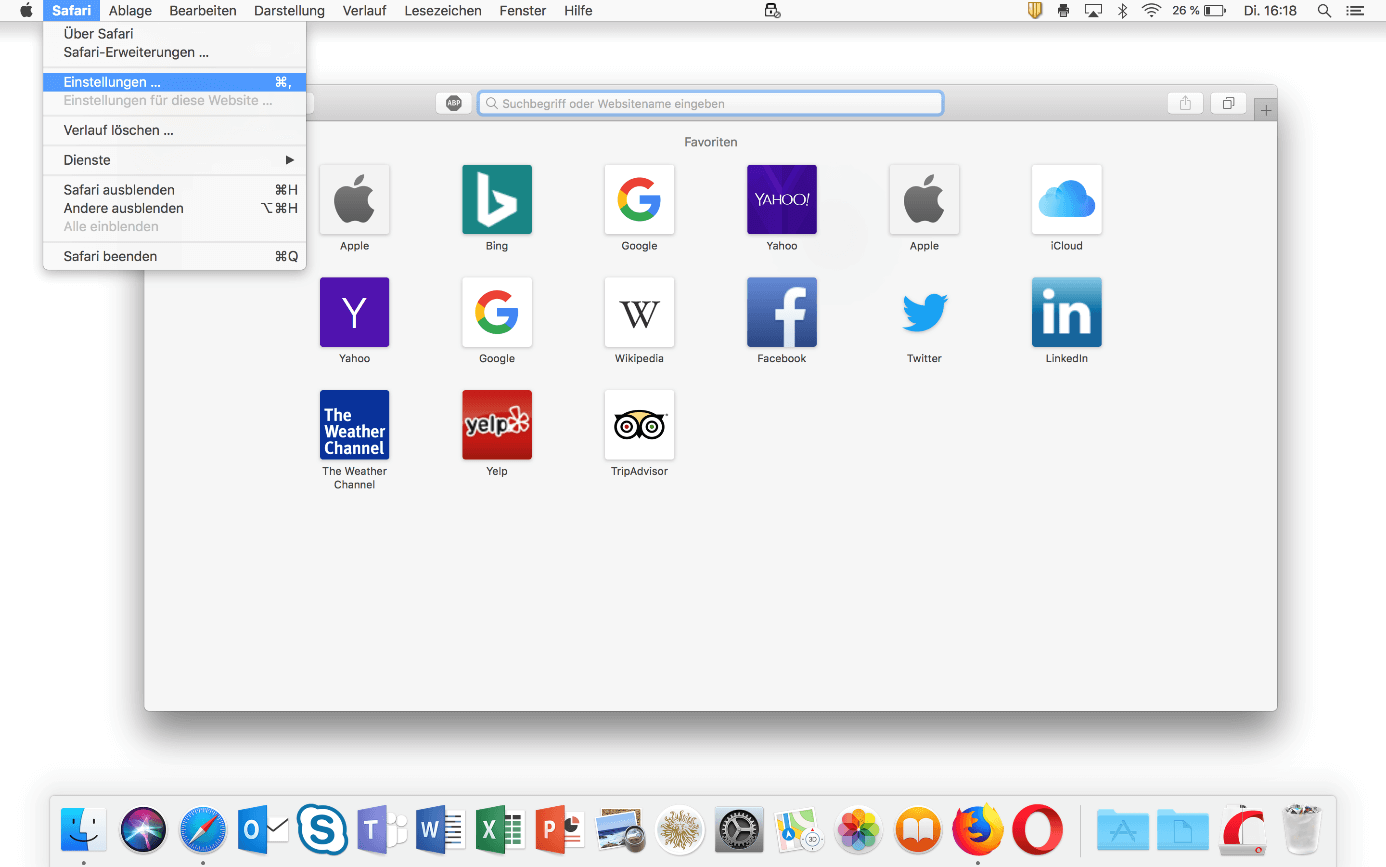 Apple Safari: Browsermenü