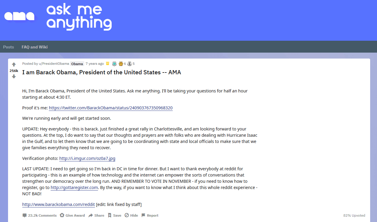 Archiviertes IAmA-Interview von Barack Obama aus dem Jahr 2012