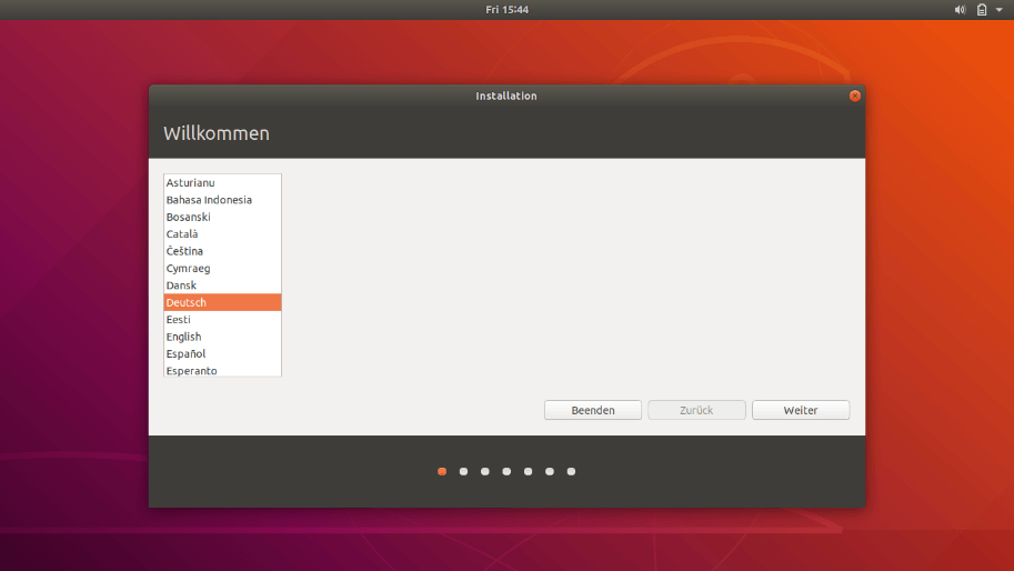 Auswahl der Sprache bei der Ubuntu-Installation