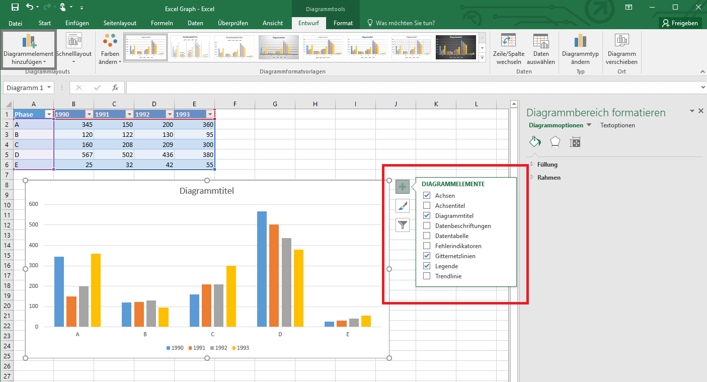 Auswahlmenü, mit dem sich Elemente zu einem Excel-Diagramm hinzufügen lassen