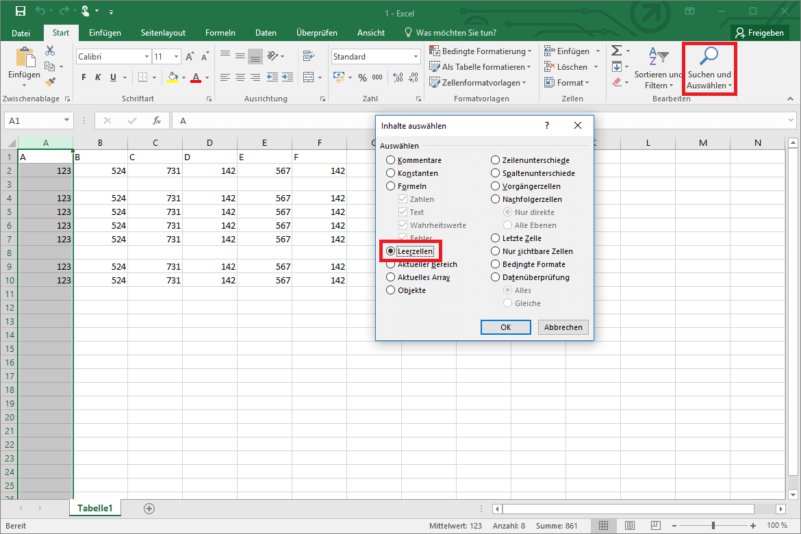 Auswahlmenü, mit dem sich über die Suchfunktion in Excel leere Zeilen löschen lassen