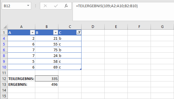 Beispiel, in dem Summen in Excel mit TEILERGEBNIS berechnet werden