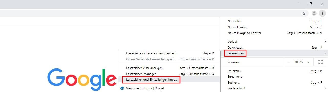 Hauptmenü von Google Chrome zum Importieren von Lesezeichen