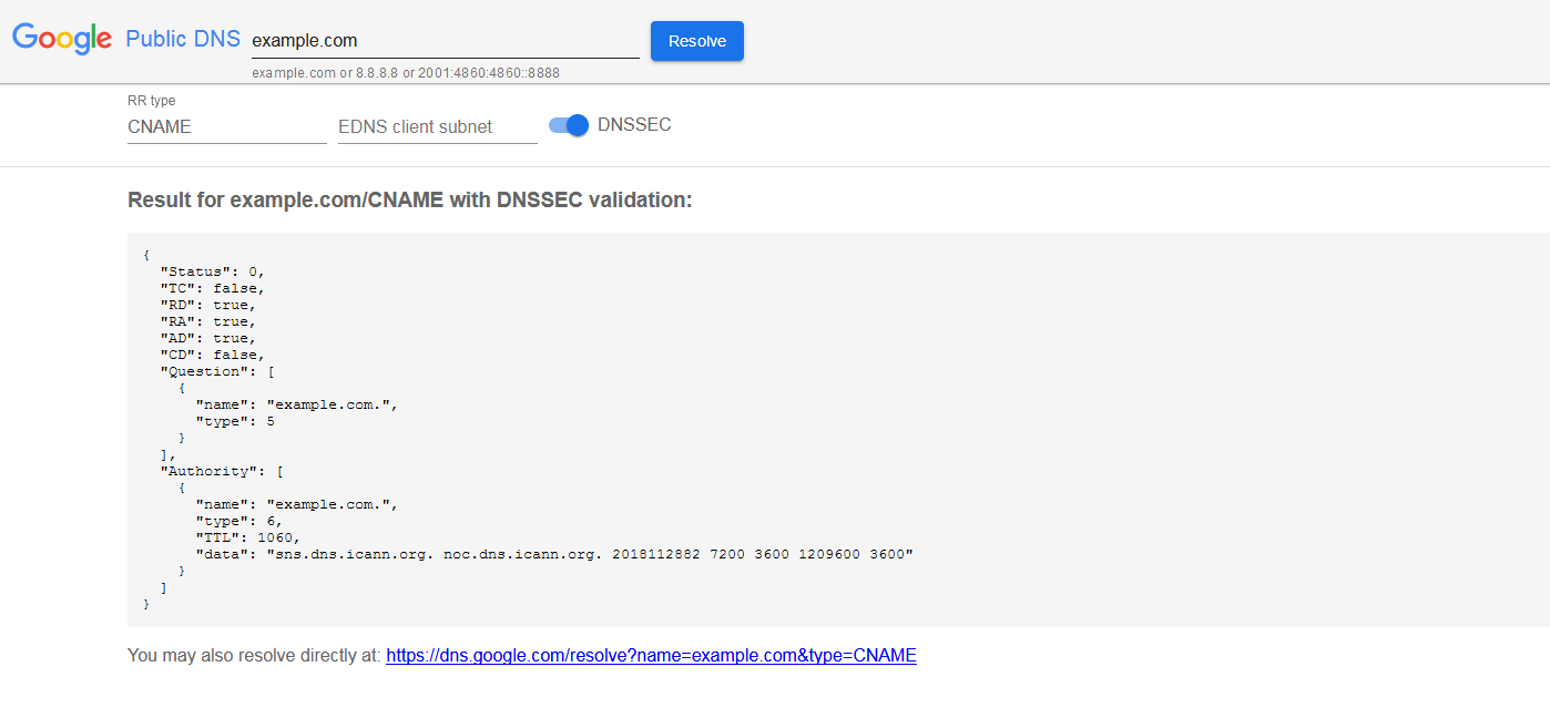 CNAME-Check mit Google Public DNS