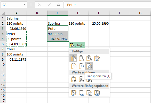 Darstellung, wie man beim Einfügen in Excel gleichzeitig transponiert