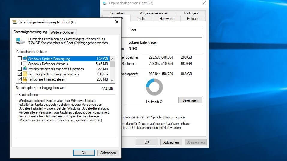 Datenträgerbereinigung für Boot-Laufwerk in Windows 10