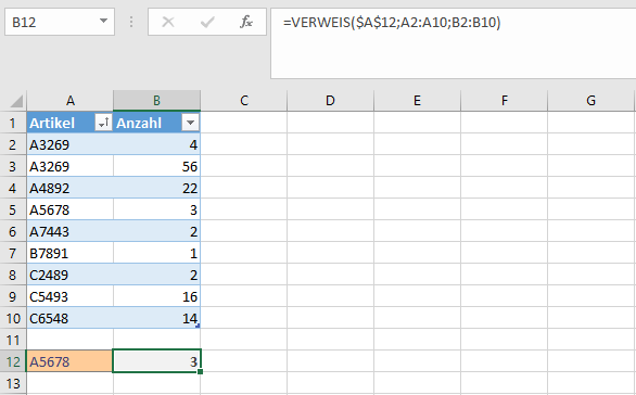 Einfaches Suchfeld mit der Excel-VERWEIS-Funktion