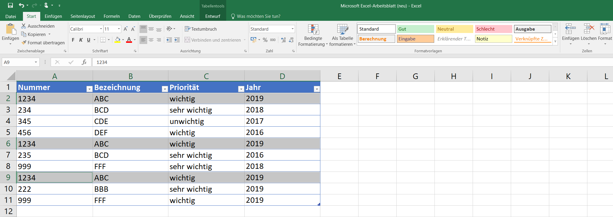 Excel 2016: Beispiel-Tabelle mit identischen Einträgen