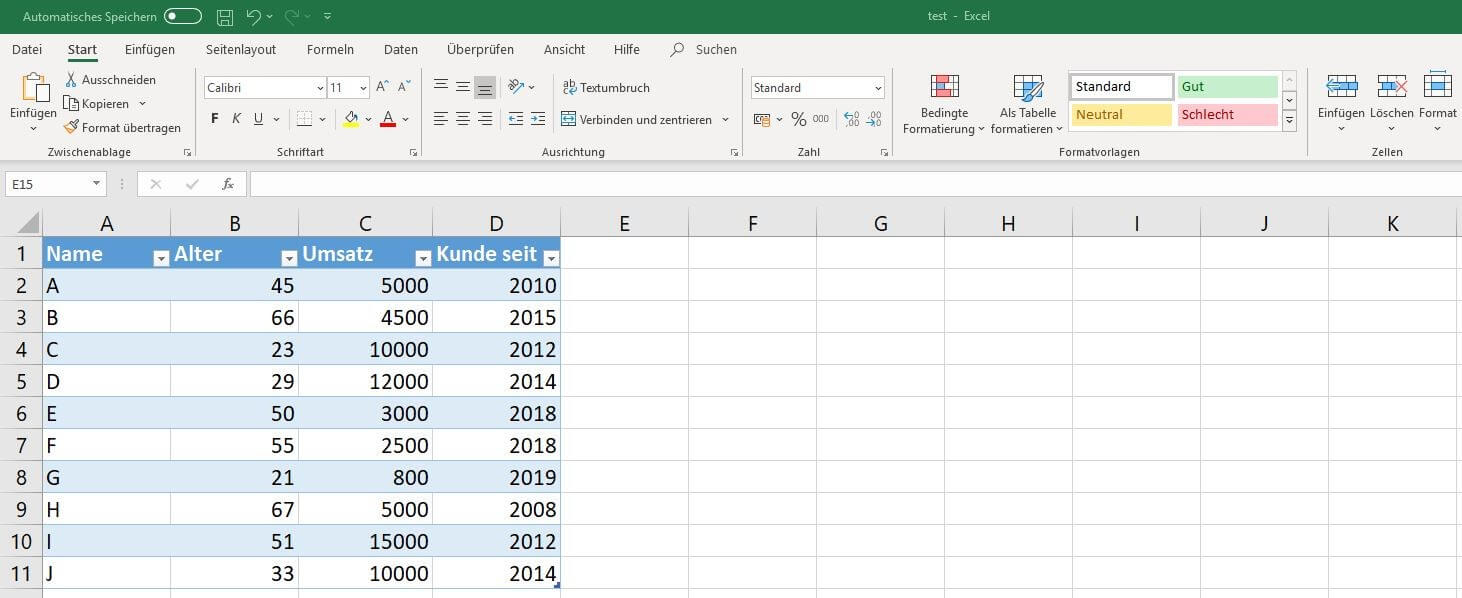 Excel 2016: Formatierte Excel-Tabelle